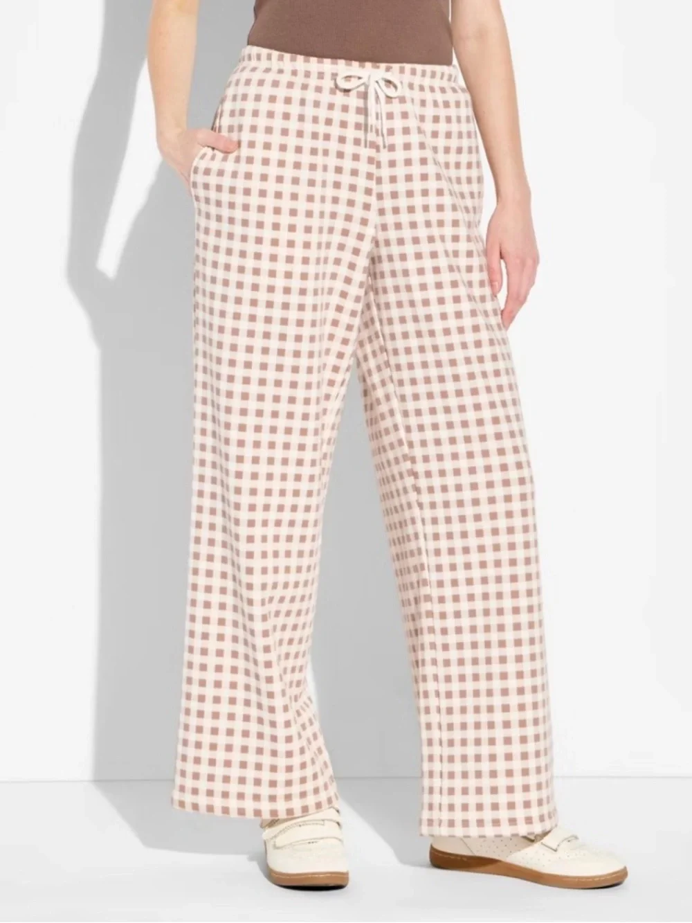 Lou & Grey Wide-Leg Gingham Lounge Pants in Pink and Brown - Picture 1 of 7